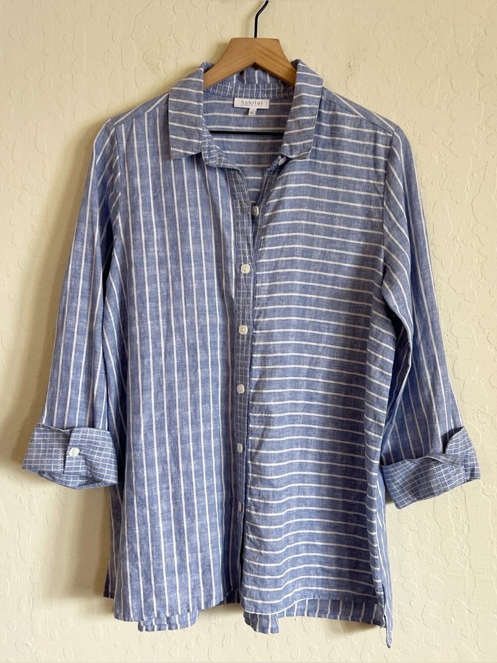 Habitat Linen Cotton Oversized Button Down Tunic Shirt Small Mixed Stripes Boho